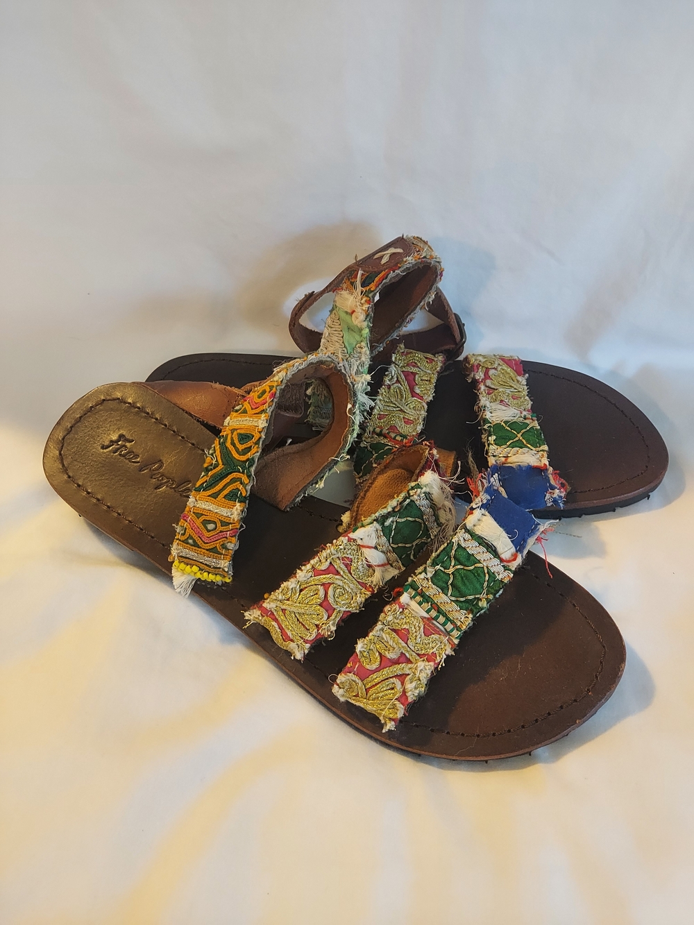 Free People DVLPMNT Meadow Embroidered Leather Ankle Strap Sandals Boho Festival - Picture 2 of 8